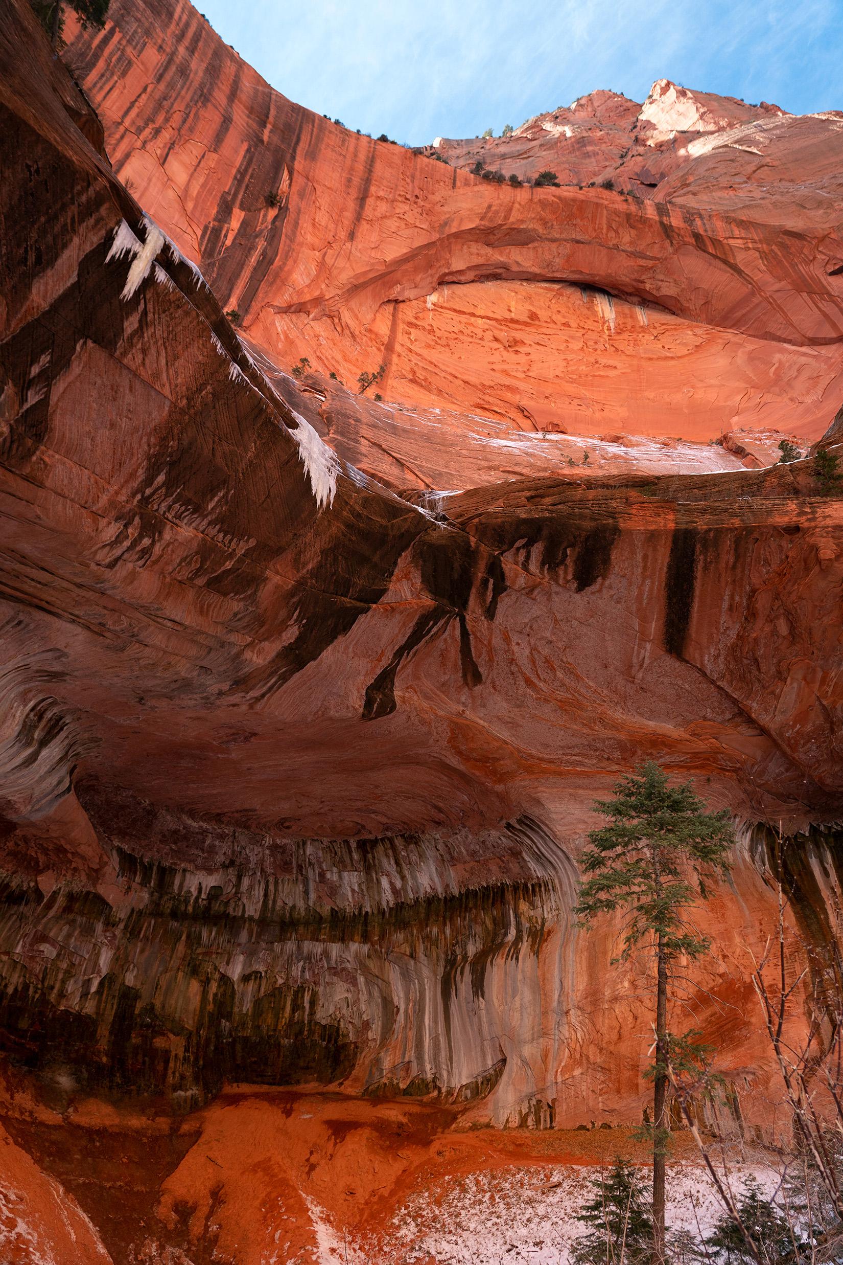 Red sandstone cliff face with an alcove at the bottom and an arch above.