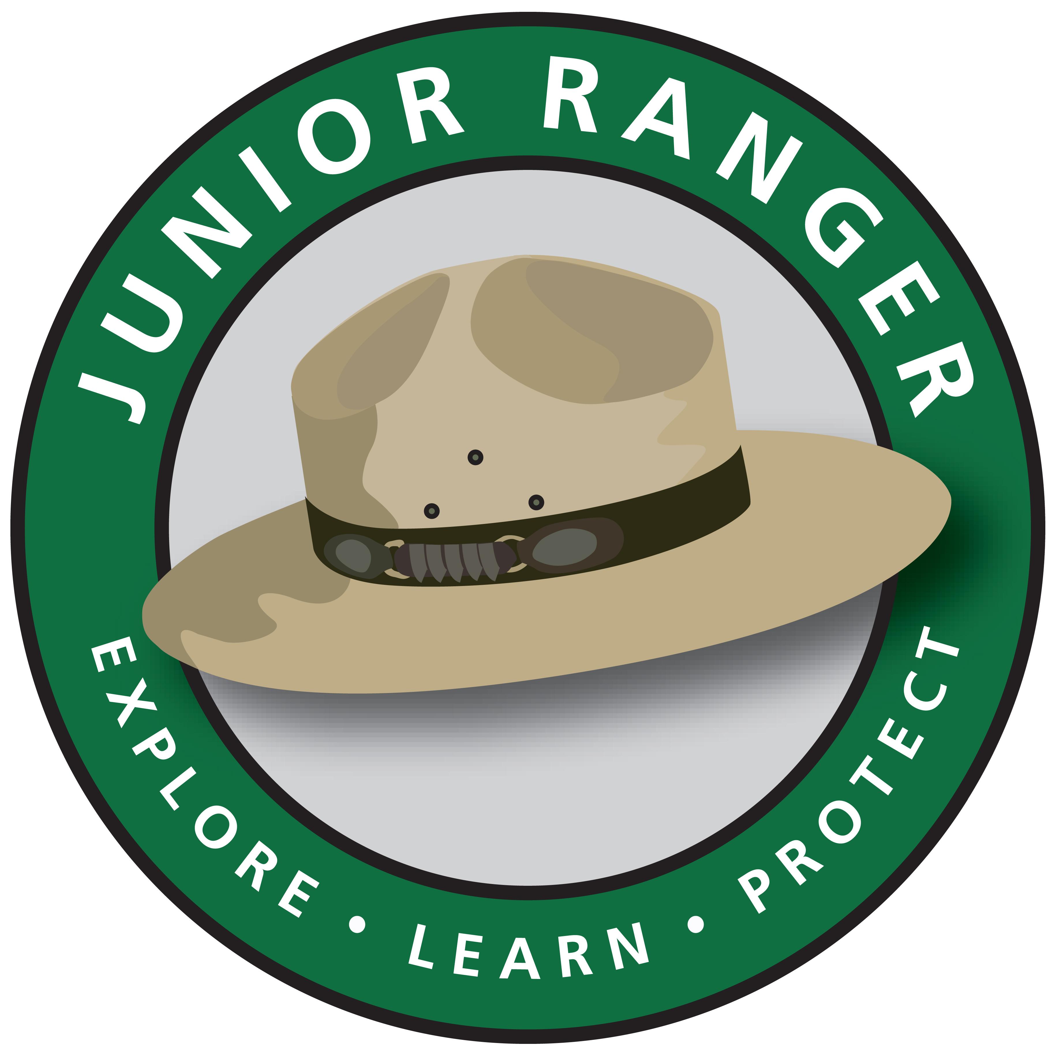 Junior Ranger logo with ranger flat hat, words read Explore, Learn, Protect