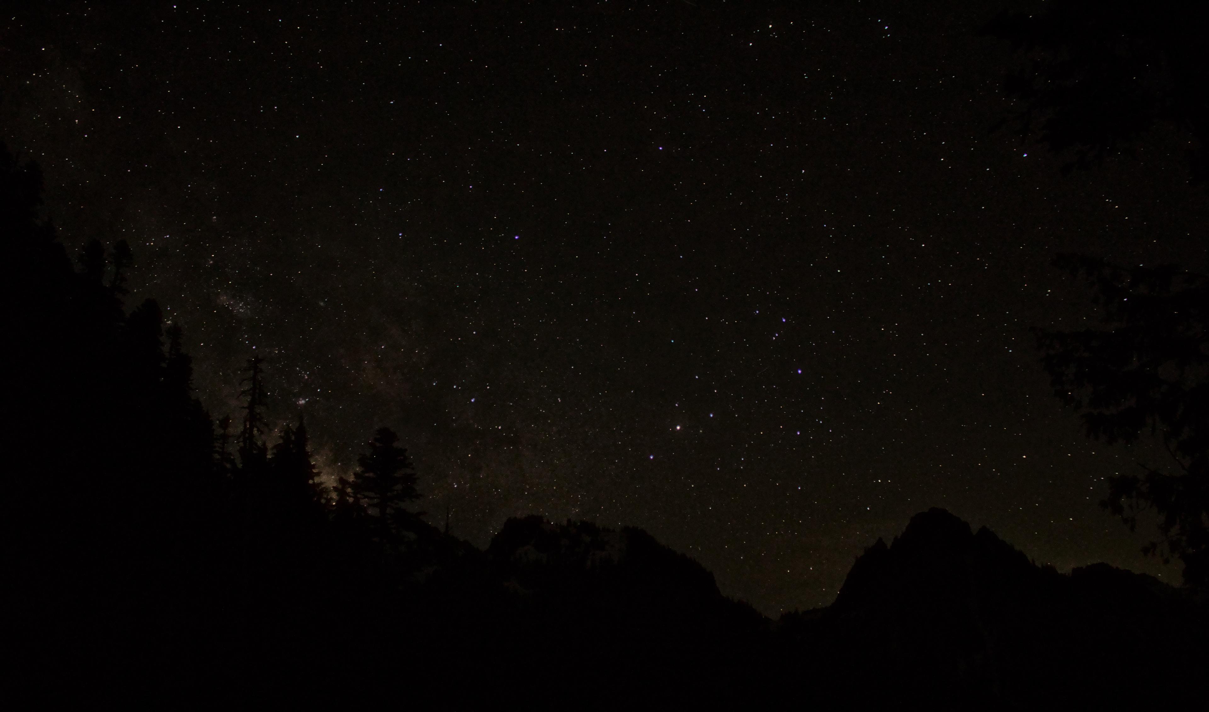 A starry night sky above a ridge of rocky mountain peaks.