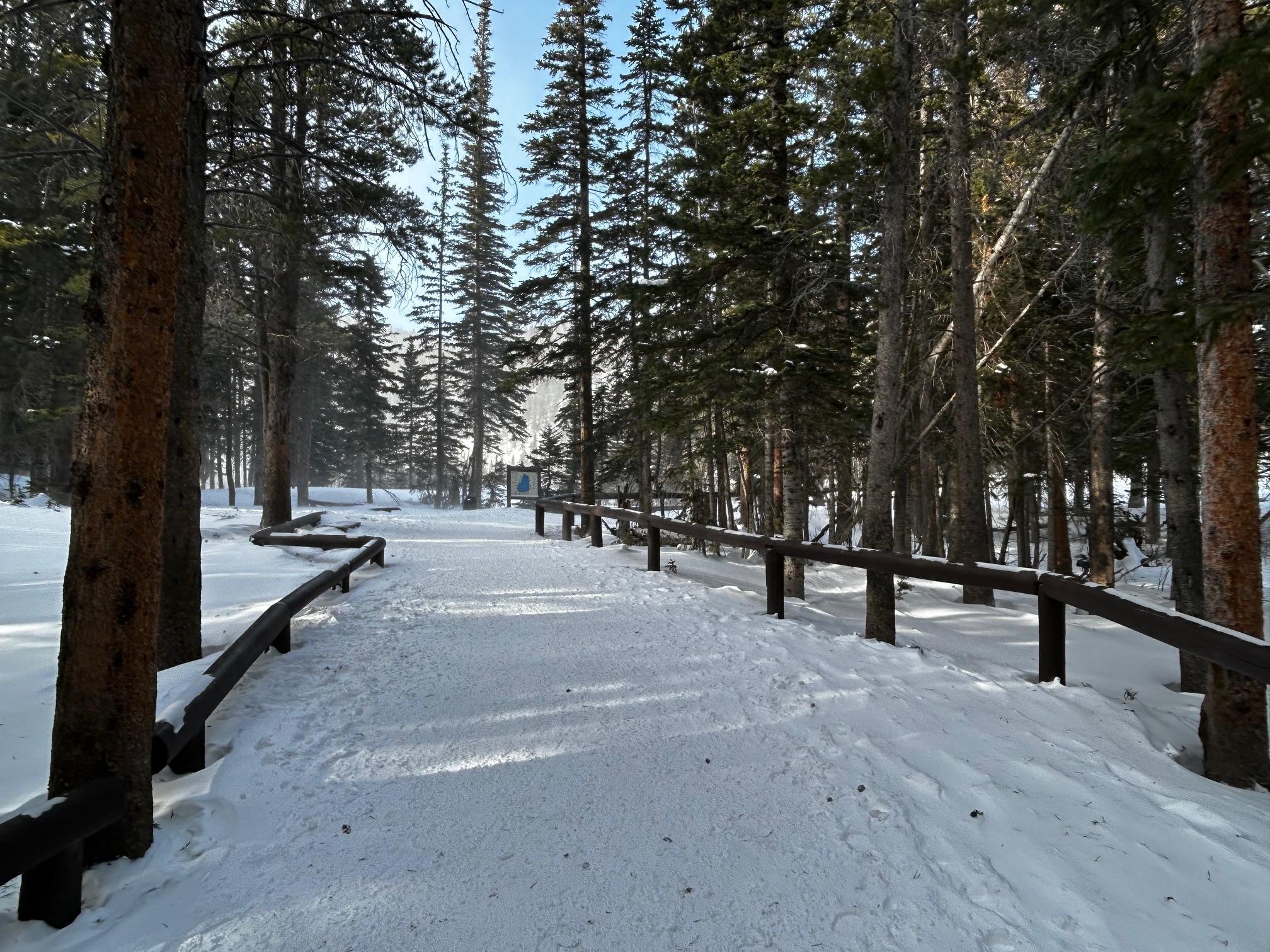Trail to Bear Lake is covered with snow and icy