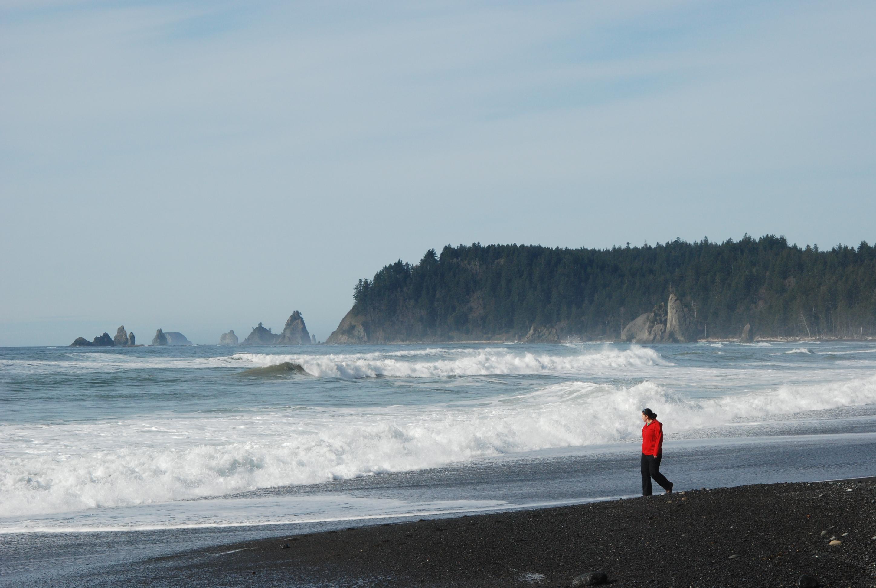 A person walks along a rocky beach.